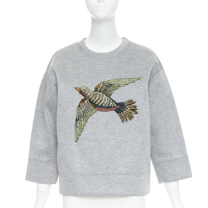 GUCCI 2015 grey neoprene crystal embroidered Swallow sweatshirt S