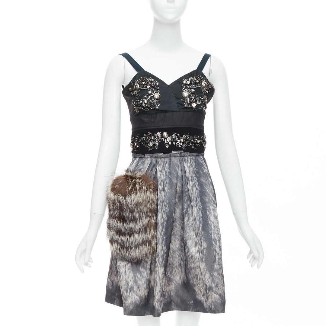 rare PRADA 2006 Runway grey silk fur bolts embellished dress IT40 S rare PRADA 2006 Runway grey silk fur bolts embellished dress IT40 S