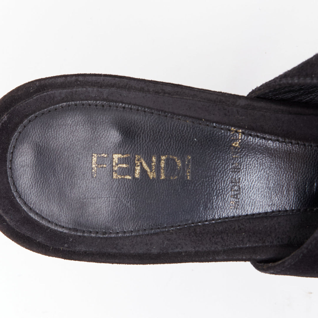 FENDI black suede gold buckle slingback peep toe pumps EU37