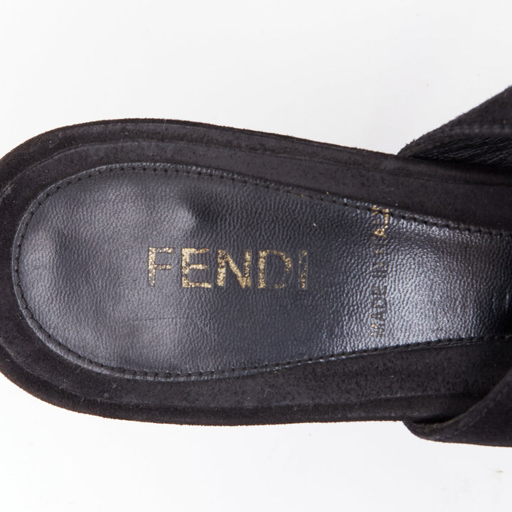 FENDI black suede gold buckle slingback peep toe pumps EU37