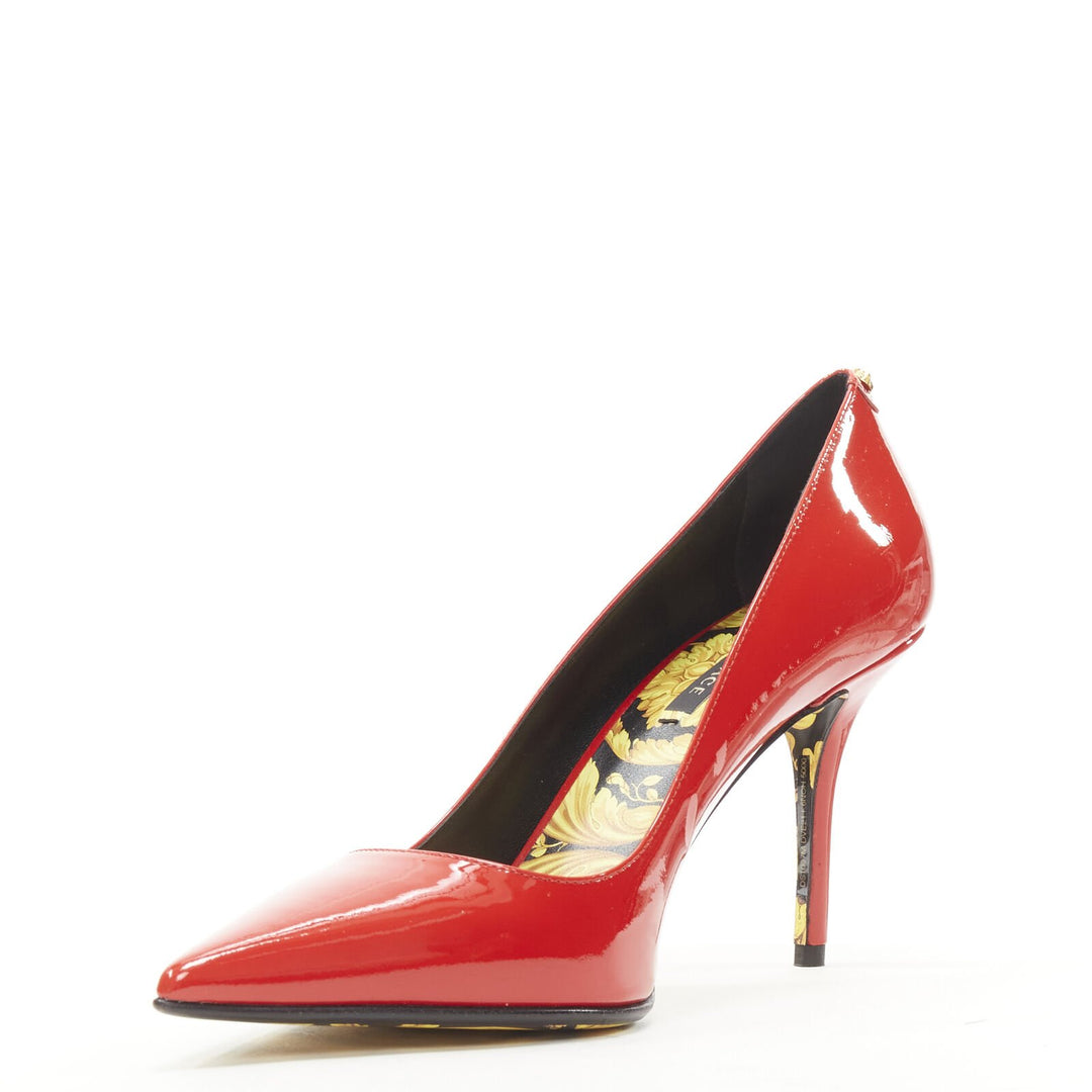 VERSACE Hibiscus Barocco gold sole red patent Medusa stud pump EU38 US8