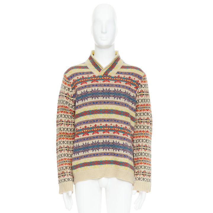 DRIES VAN NOTEN beige striped fairisle shetland wool sweater L