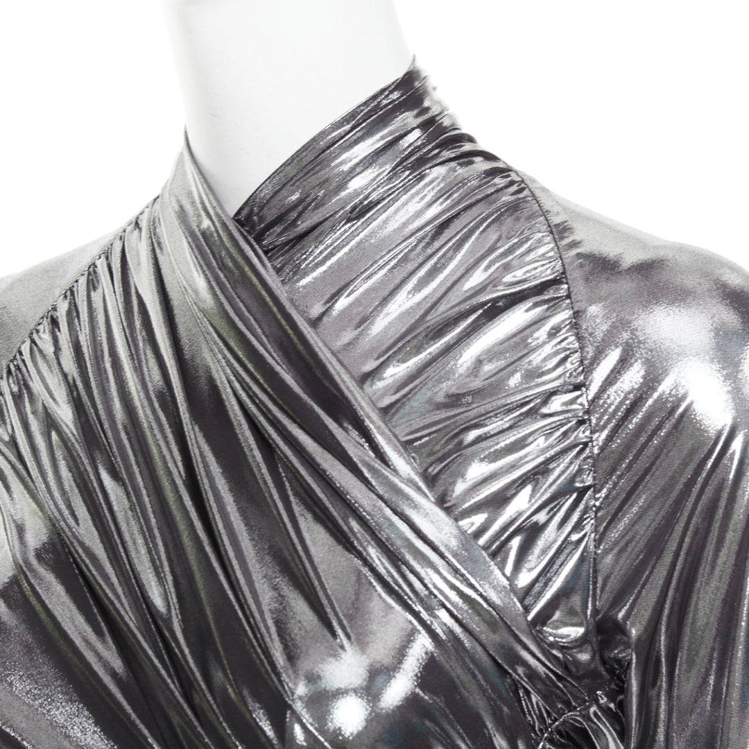FERRAGAMO Maximilian Davis 2023 Runway metallic silver lame wrapped dress IT40 S