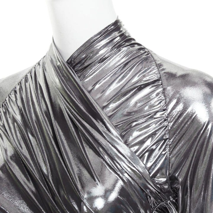 FERRAGAMO Maximilian Davis 2023 Runway metallic silver lame wrapped dress IT42 M