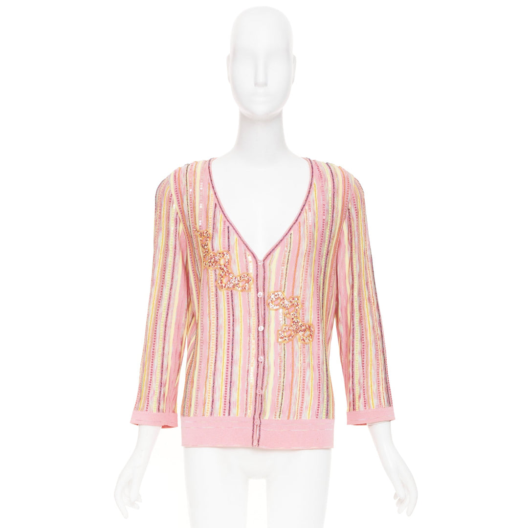 ESCADA vintage pink multi stripe sequin beaded v neck knit cardigan top FR42 XL