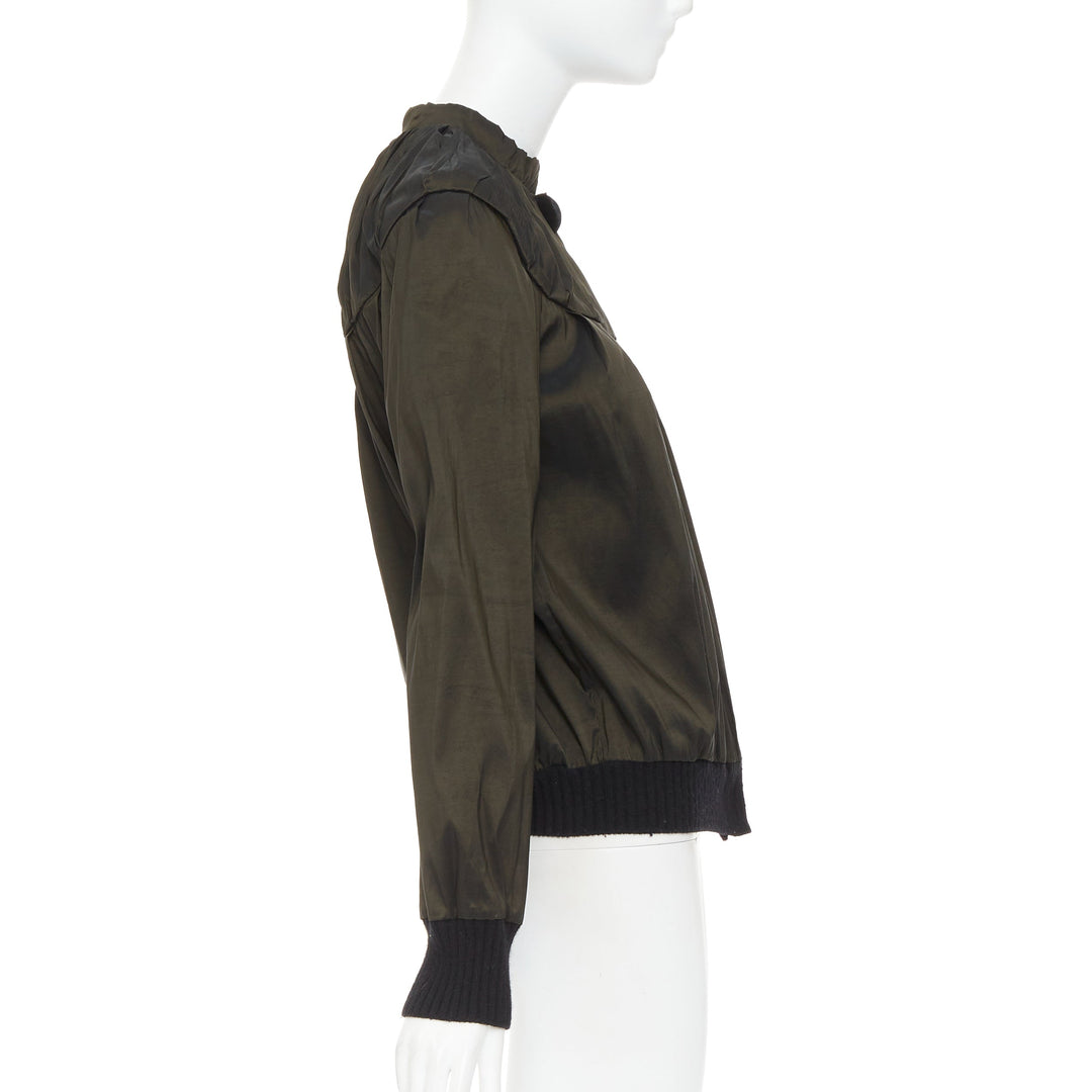 LANVIN 2006 olive green silk blend ruched rib contrast blouse overshirt FR36 S