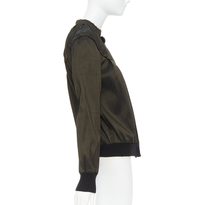 LANVIN 2006 olive green silk blend ruched rib contrast blouse overshirt FR36 S