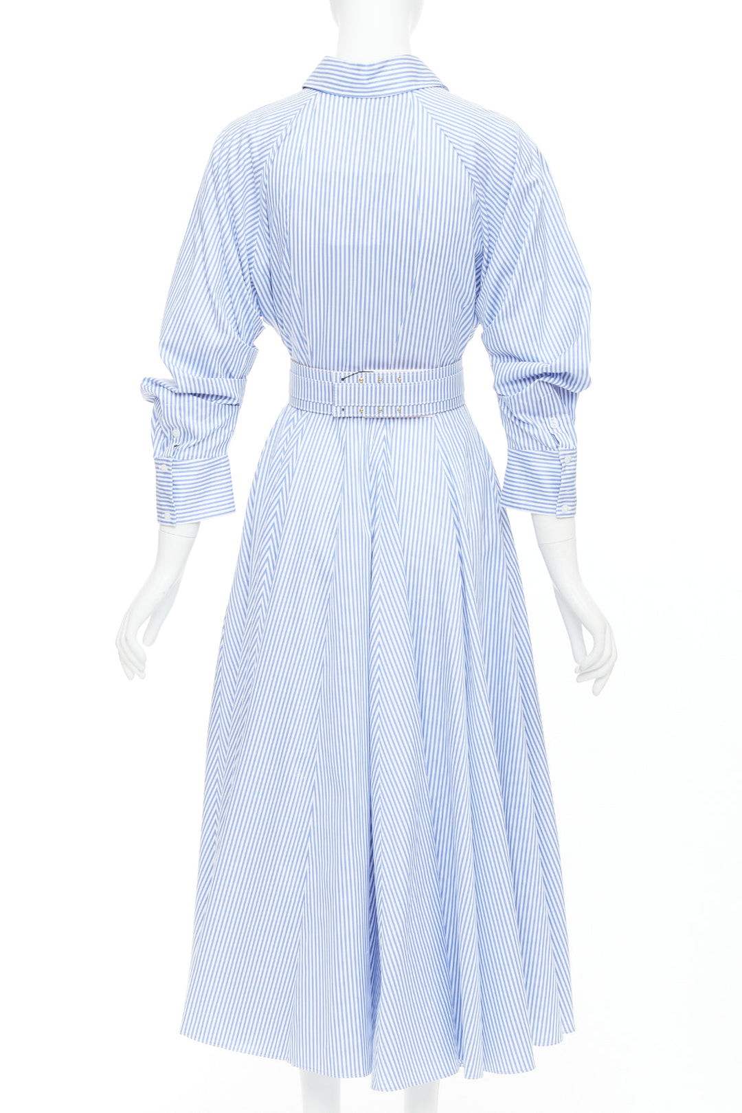 BRANDON MAXWELL blue white striped cotton twill belted midi shirt dress US0 XS