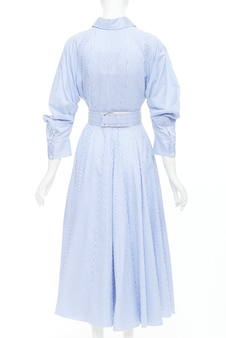 BRANDON MAXWELL blue white striped cotton twill belted midi shirt dress US0 XS