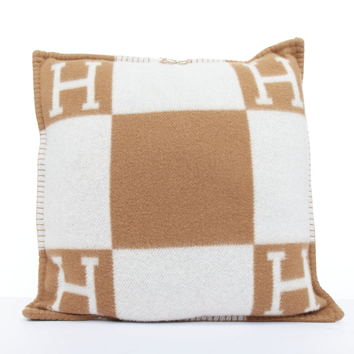 HERMES Avalon Small Model ecru camel merino wool cashmere jacquard pillow PM