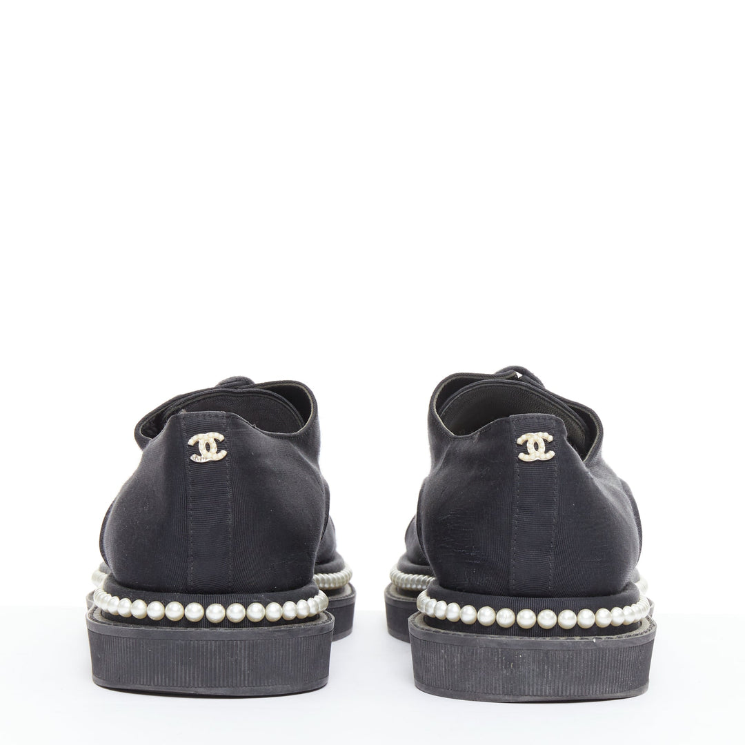 CHANEL black monochrome fabric faux pearl lace up derbies EU37.5