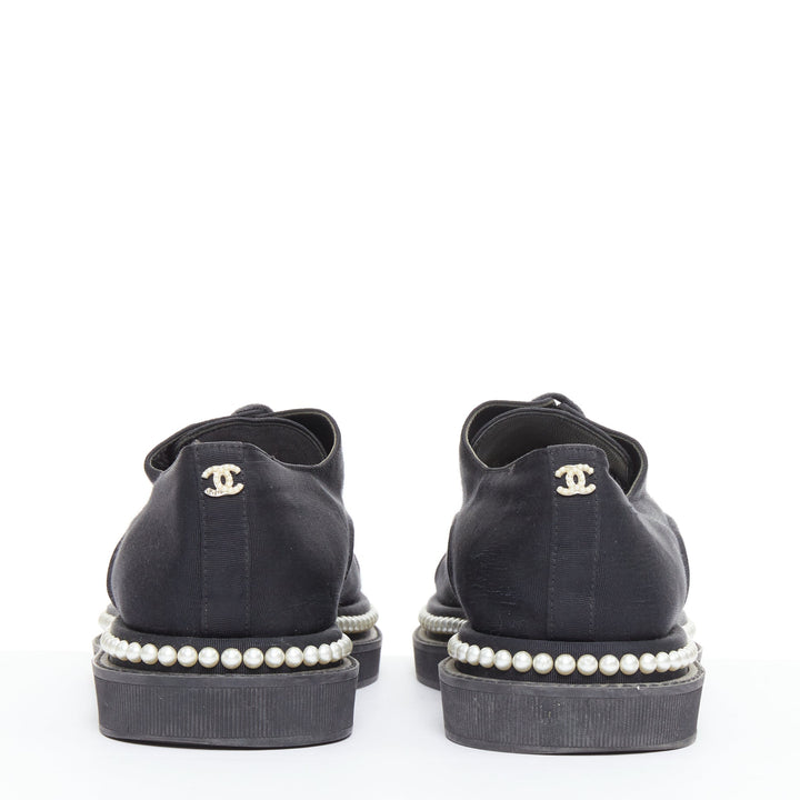 CHANEL black monochrome fabric faux pearl lace up derbies EU37.5