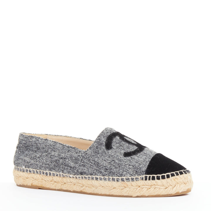 CHANEL 2021 grey wool felt black CC velvet applique espadrille flats EU39