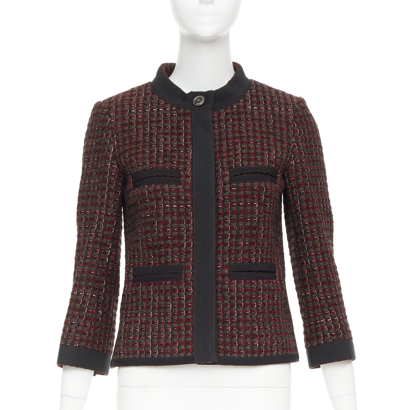 CHANEL 15A Runway burgundy green wool tweed 4 pocket jacket FR36 S
