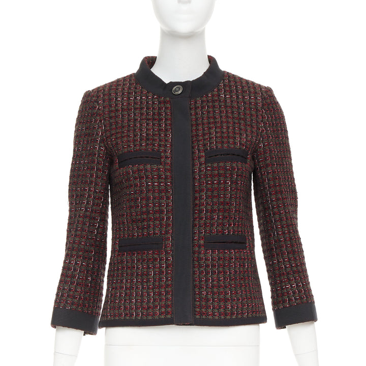 CHANEL 15A Runway burgundy green wool tweed 4 pocket jacket FR36 S