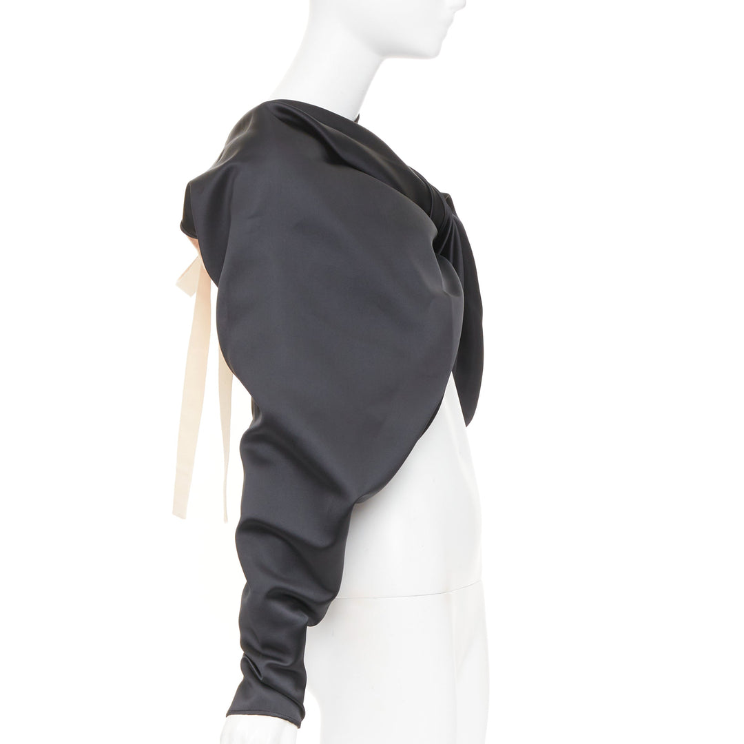 COLVILLE black twisted neck draped open front silk satin asymmetry top IT40 S