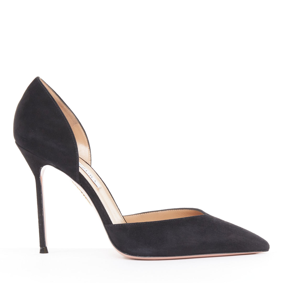 AQUAZZURA Uptown 105 black suede leather point toe dorsay pumps EU38
