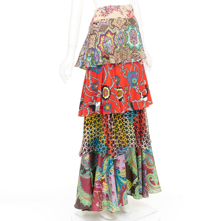 CHRISTIAN LACROIX Vintage tiered paisley patchwork silk bohemian skirt FR46 3XL
