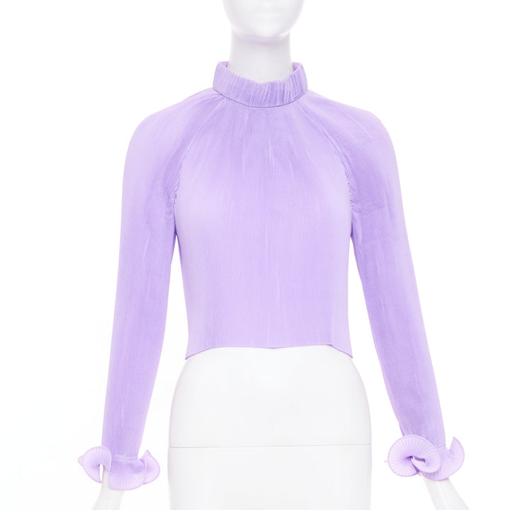 TIBI plisse lilac high neck pleated sleeve cropped cocktail top XS