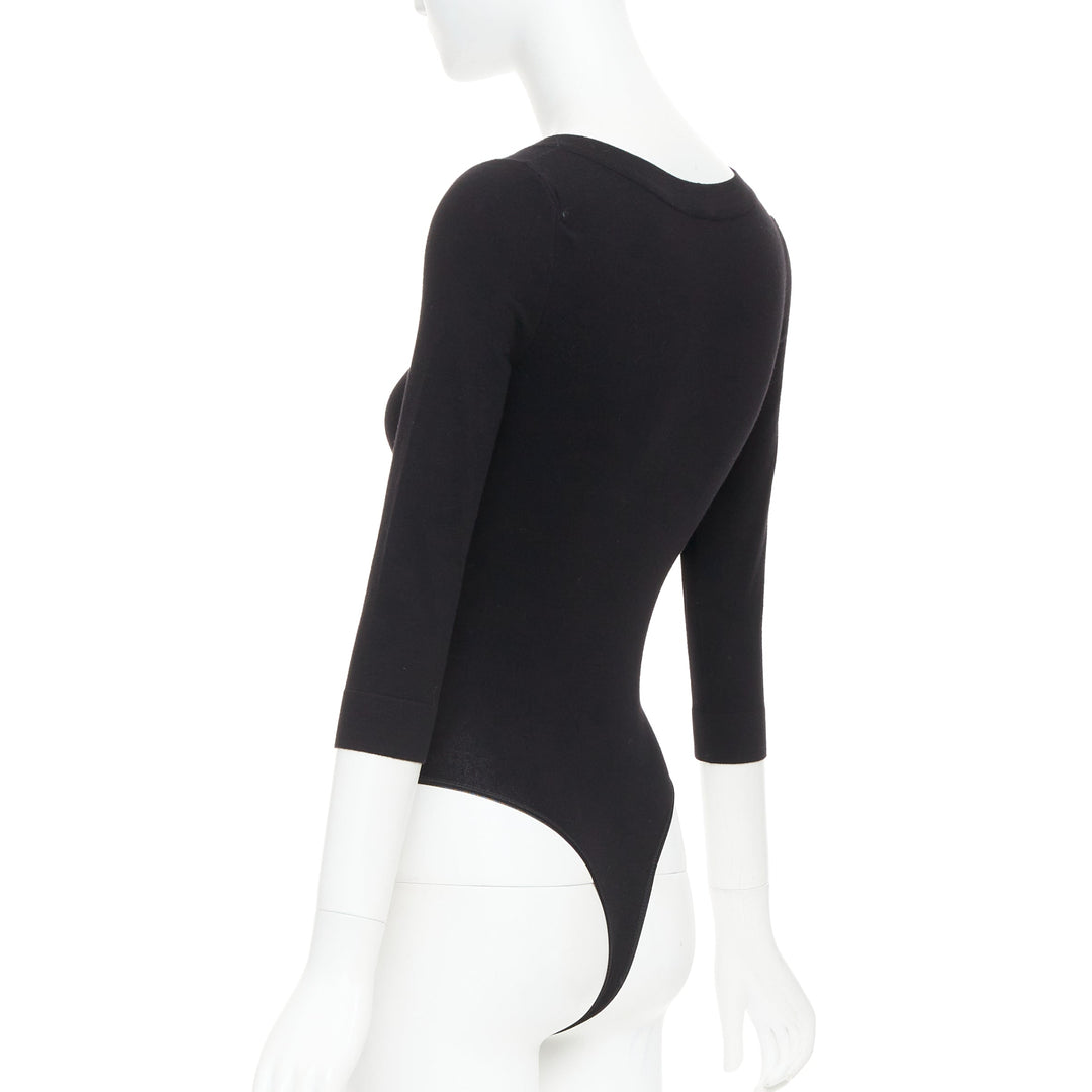 ALAIA black virgin wool blend V-neck bodysuit sweater leotard top FR36 S