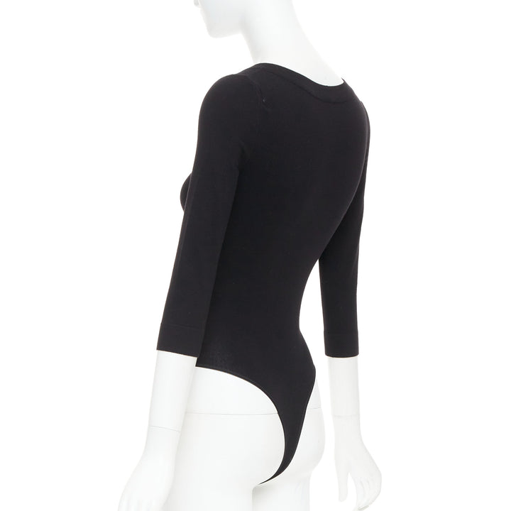 ALAIA black virgin wool blend V-neck bodysuit sweater leotard top FR36 S