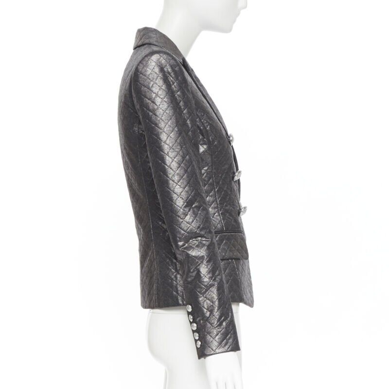 BALMAIN gunmetal silver quilted military double breasted blazer jacket FR36