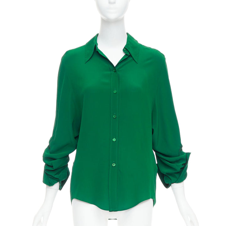 STELLA MCCARTNEY 2017 kelly green 100% silk ruched sleeves dress shirt IT34 XXS