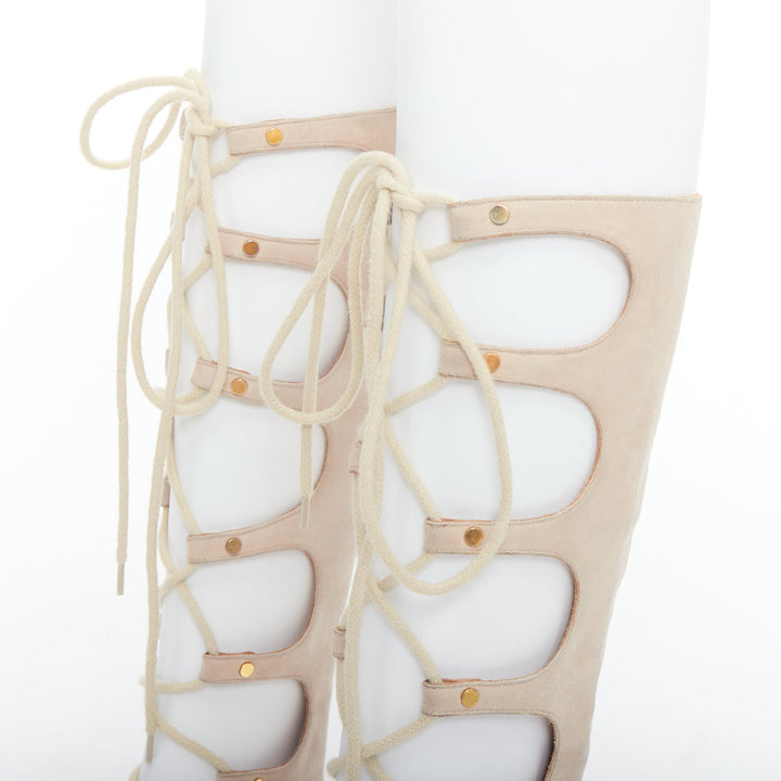 CHLOE 2015 Runway beige suede lace up open toe gladiator wedges EU37