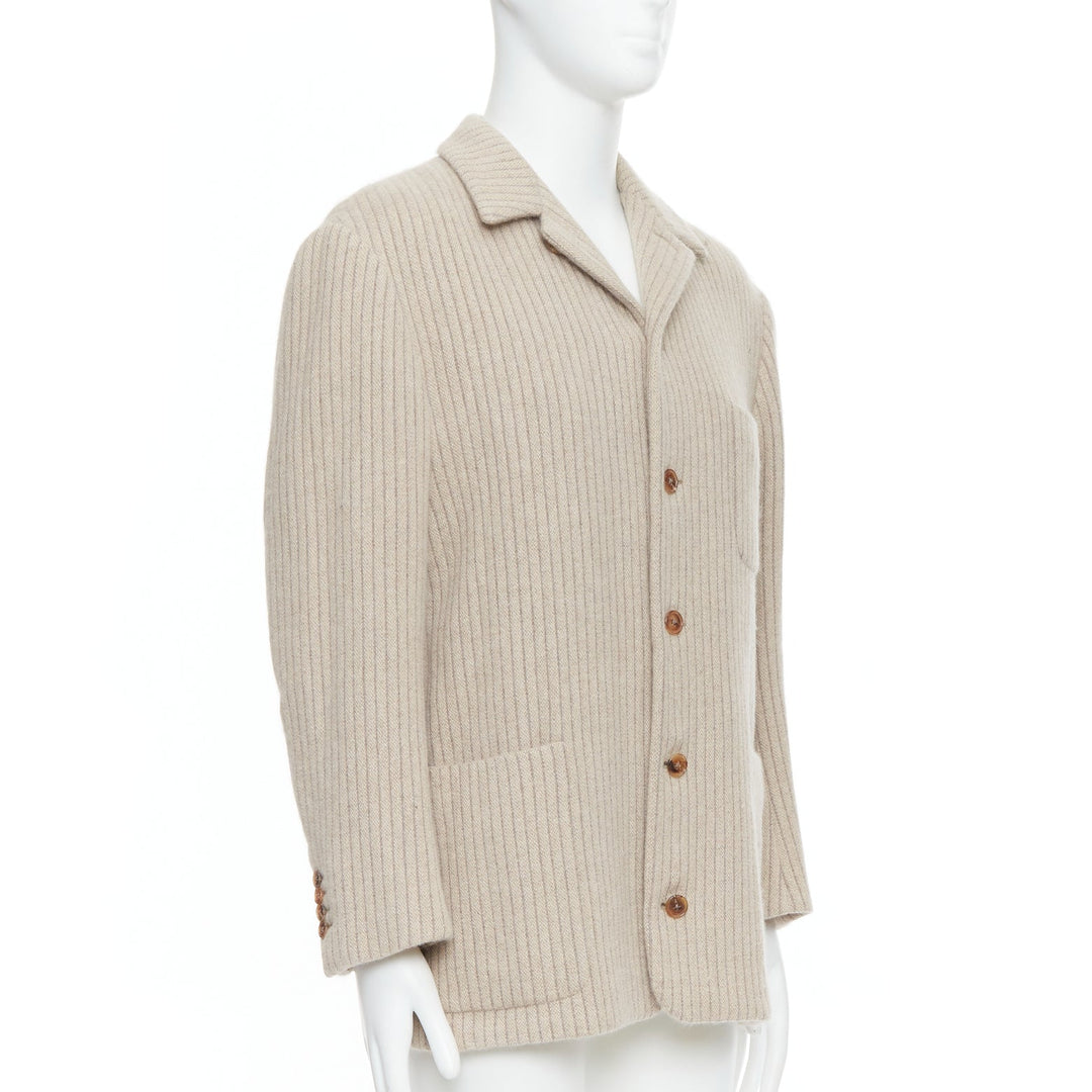 HERMES Angora Wool Cashgora beige verticle stripe knit boxy blazer FR48 M