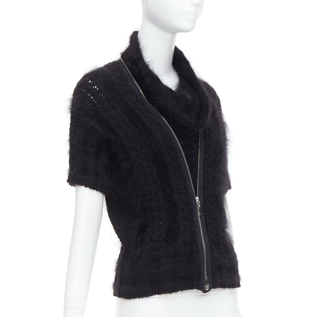 CHANEL 08A black fluffy angora blend CC zip layered sweater FR36 S