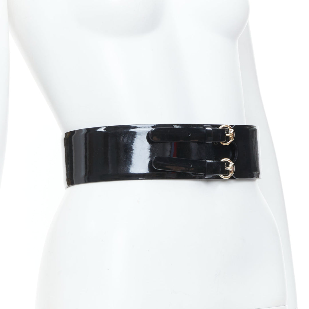 GUCCI 2008 Queen dual horseshoe buckle black patent leather wide corset belt XS