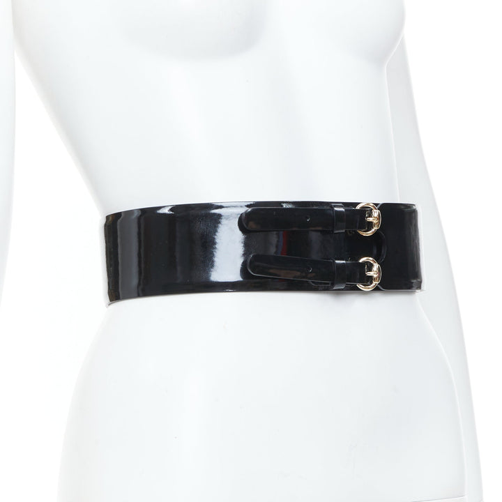 GUCCI 2008 Queen dual horseshoe buckle black patent leather wide corset belt XS