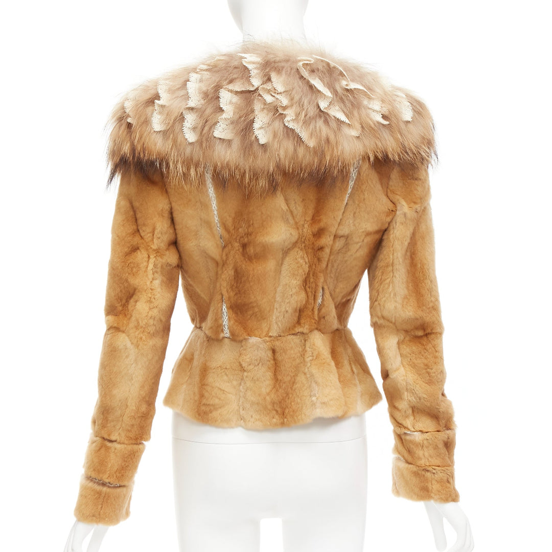 ADAM JONES brown fur lace trim collar tiered sleeve fitted jacket IT38 XS