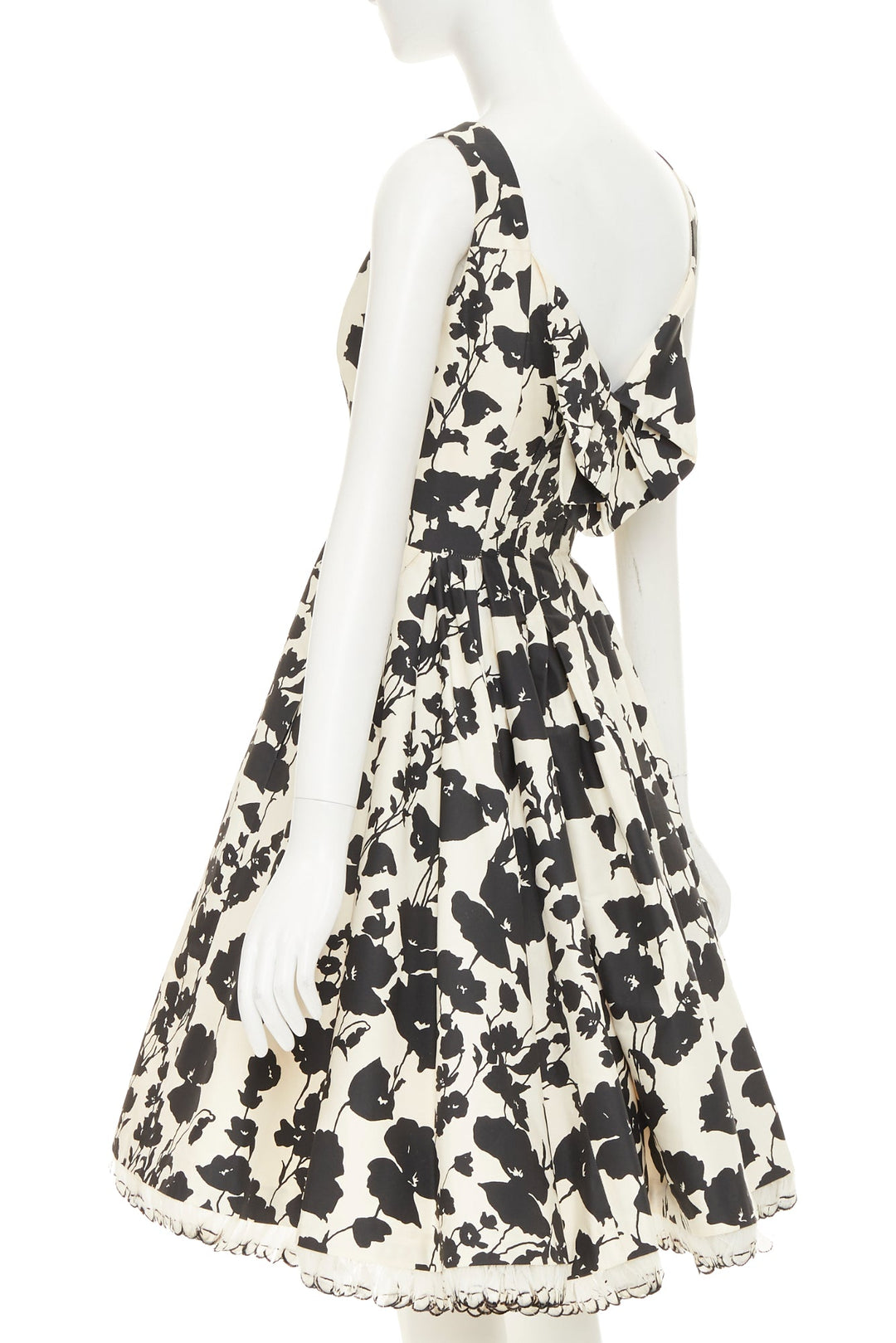 OSCAR DE LA RENTA R08  poppy floral black white silk feather hem dress US0 XXS