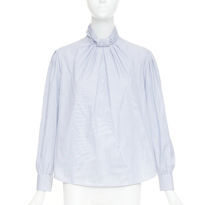 CELINE blue white pinstripe cotton high ruched collar puff sleeves blouse FR36 S