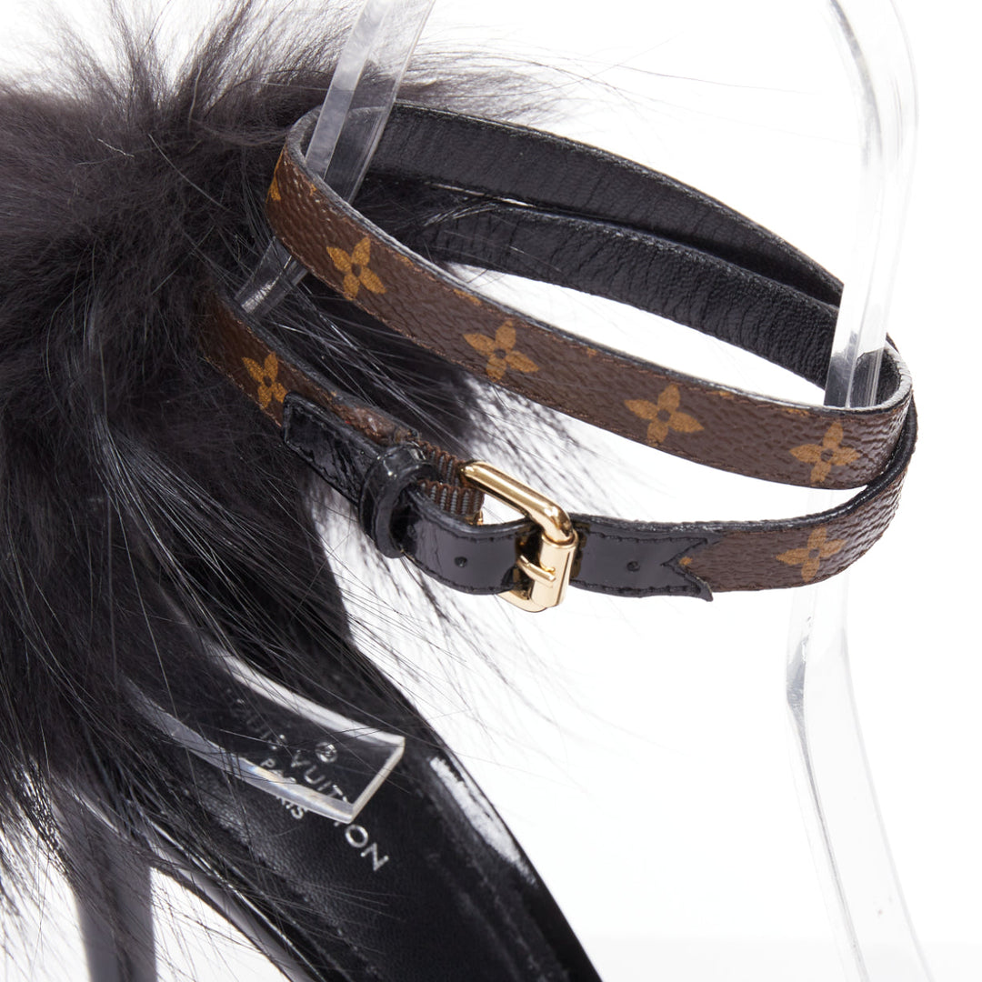 rare LOUIS VUITTON Call Back black patent fur trim LV ankle strap heels EU38.5