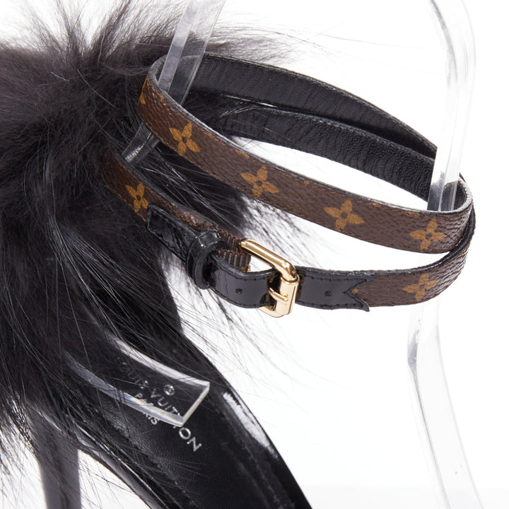 rare LOUIS VUITTON Call Back black patent fur trim LV ankle strap heels EU38.5