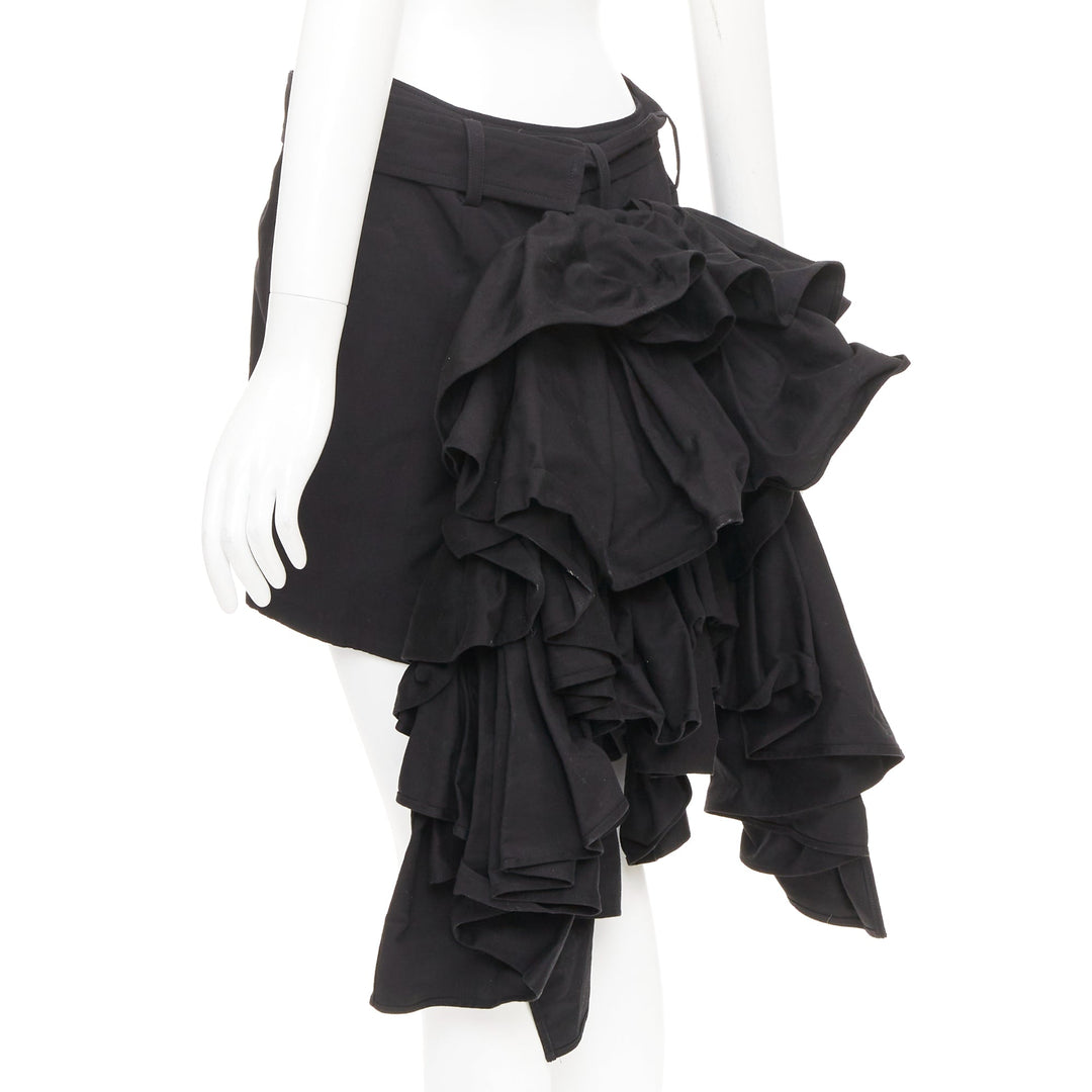 YOHJI YAMAMOTO black rayon blend ruffle applique avant garde mini skirt JP1 S
