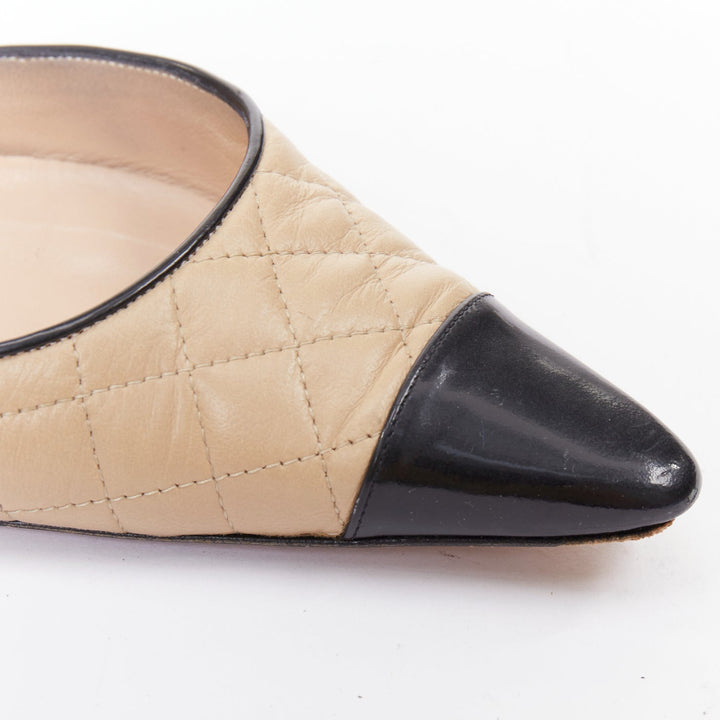 MANOLO BLAHNIK nude quilted leather stitch black toe cap slingback heel EU39
