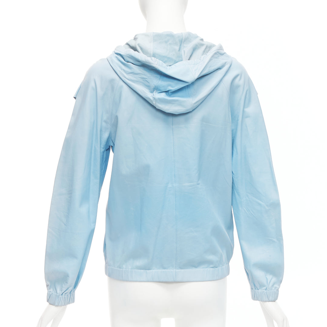 RED VALENTINO powder blue lambskin leather ruffle panel hoodie jacket IT40 S
