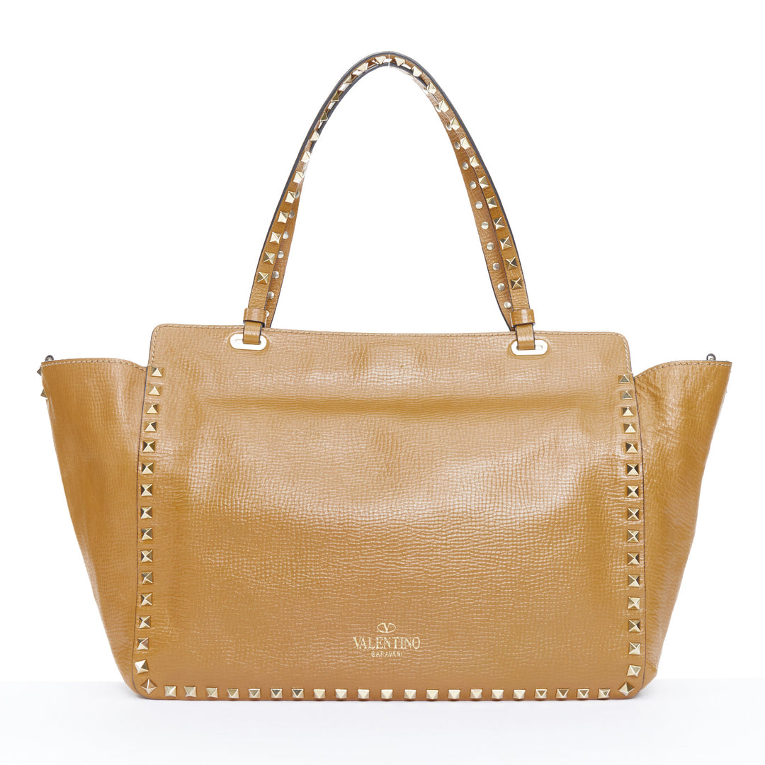 VALENTINO Rockstud Medium brown pebbled calfskin leather trapeze satchel bag