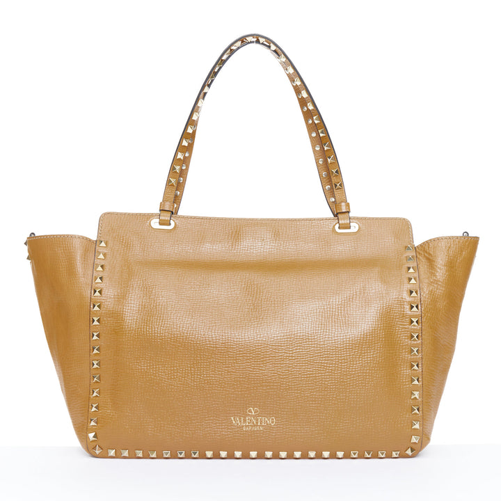 VALENTINO Rockstud Medium brown pebbled calfskin leather trapeze satchel bag