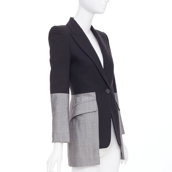 ALEXANDER MCQUEEN 2019 Runway wool silk black grey deconstructed blazer IT36 XXS