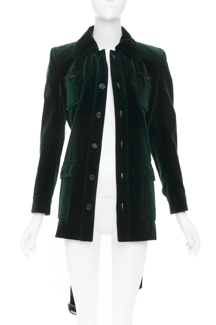 SAINT LAURENT 2025 Saharienne emeraude green belted cotton velvet jacket FR34 XS