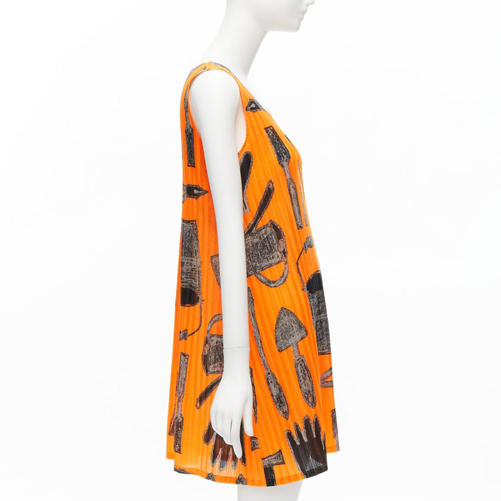 rare ISSEY MIYAKE Pleats Please 2003 orange tools print plisse dress JP17 S
