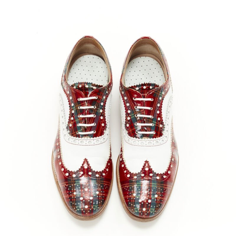 CHURCH'S Burwood red tartan patent white perforated leather brogue EU36.5