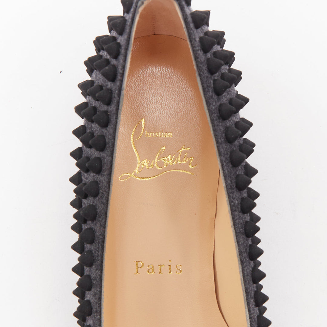 CHRISTIAN LOUBOUTIN Pigalle Spikes Flat grey flannel studded ballerina EU37.5