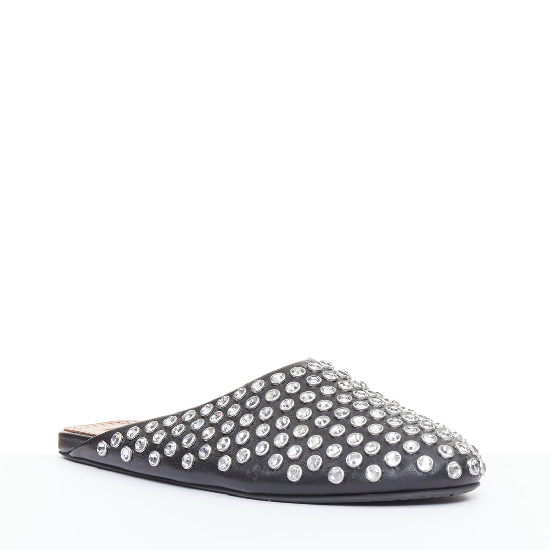 ALAIA Crystal Slide On black leather clear strass embellished flat mule EU38