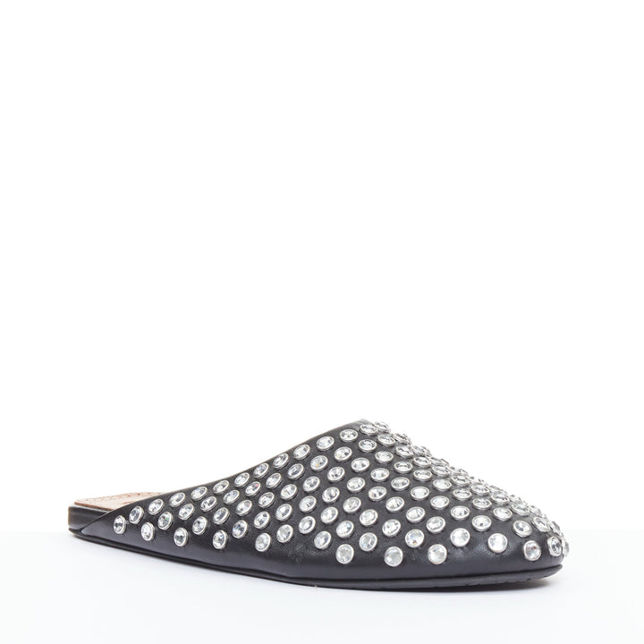 ALAIA Crystal Slide On black leather clear strass embellished flat mule EU38