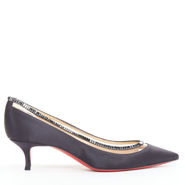 CHRISTIAN LOUBOUTIN Paulina Strass 45 black satin baguette crystal kitten EU37.5
